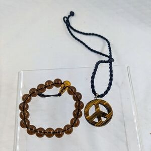 Tiger Eye Natural Gemstone Peace Sign Pendant Necklace + Free Bracelet.